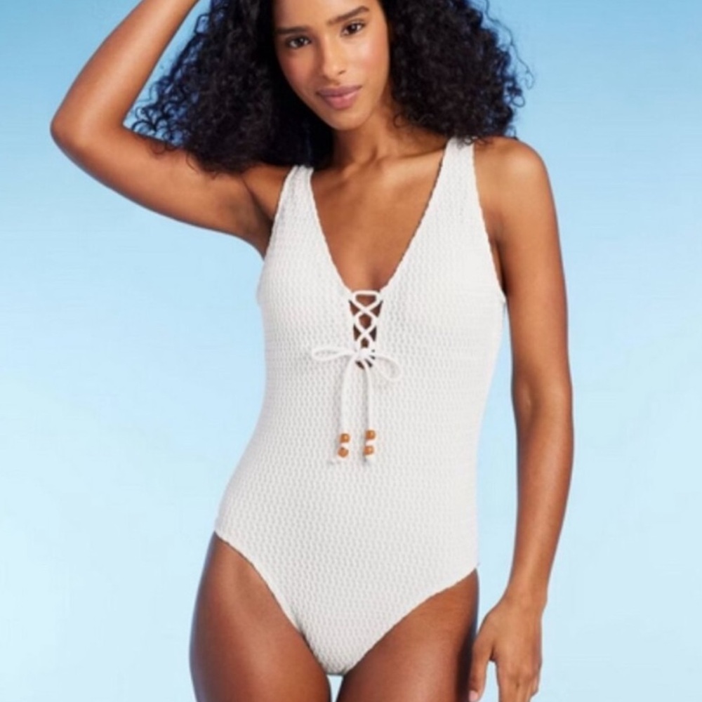 Cream Crochet Swimsuit Textured One Piece Lace-Up Beading S Small
